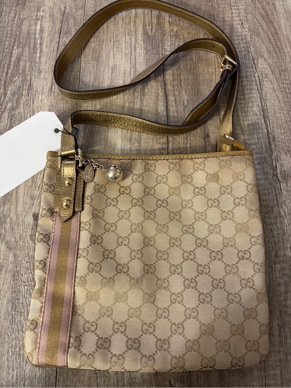 Gucci Monogram Crossbody Bag in Beige and Gold